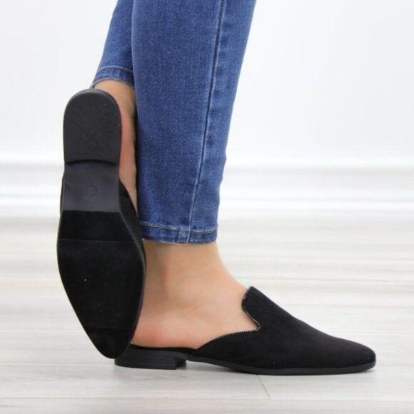 Suede Black Pointy Toe Slip On Mule Loafer - Picture 10 of 12